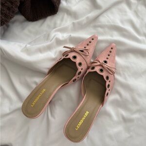 Pink Scalloped Eyelet Pointed Slip-On Kitten Heels